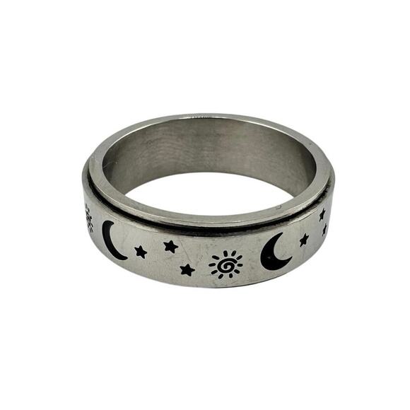 Sun Moon Stars Men’s Spinner Fidget Anxiety Relief ADHD Silver Tone Size 14 Ring - Picture 1 of 4